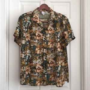 Anna and Frank Button-down Shirt Silk Large Floral Green Orange Short Sleeves